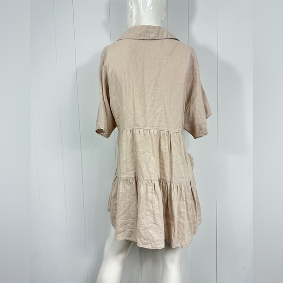 ZARA Women M Beige V neck Half Button Short Sleeve Boho Linen Blend Mini Dress - Picture 7 of 11